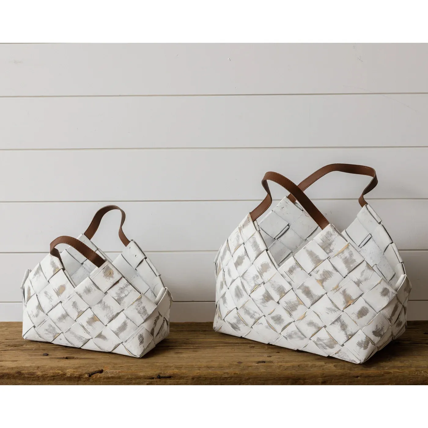 Basket - Whitewash Chipwood with Leather Handle (Small)