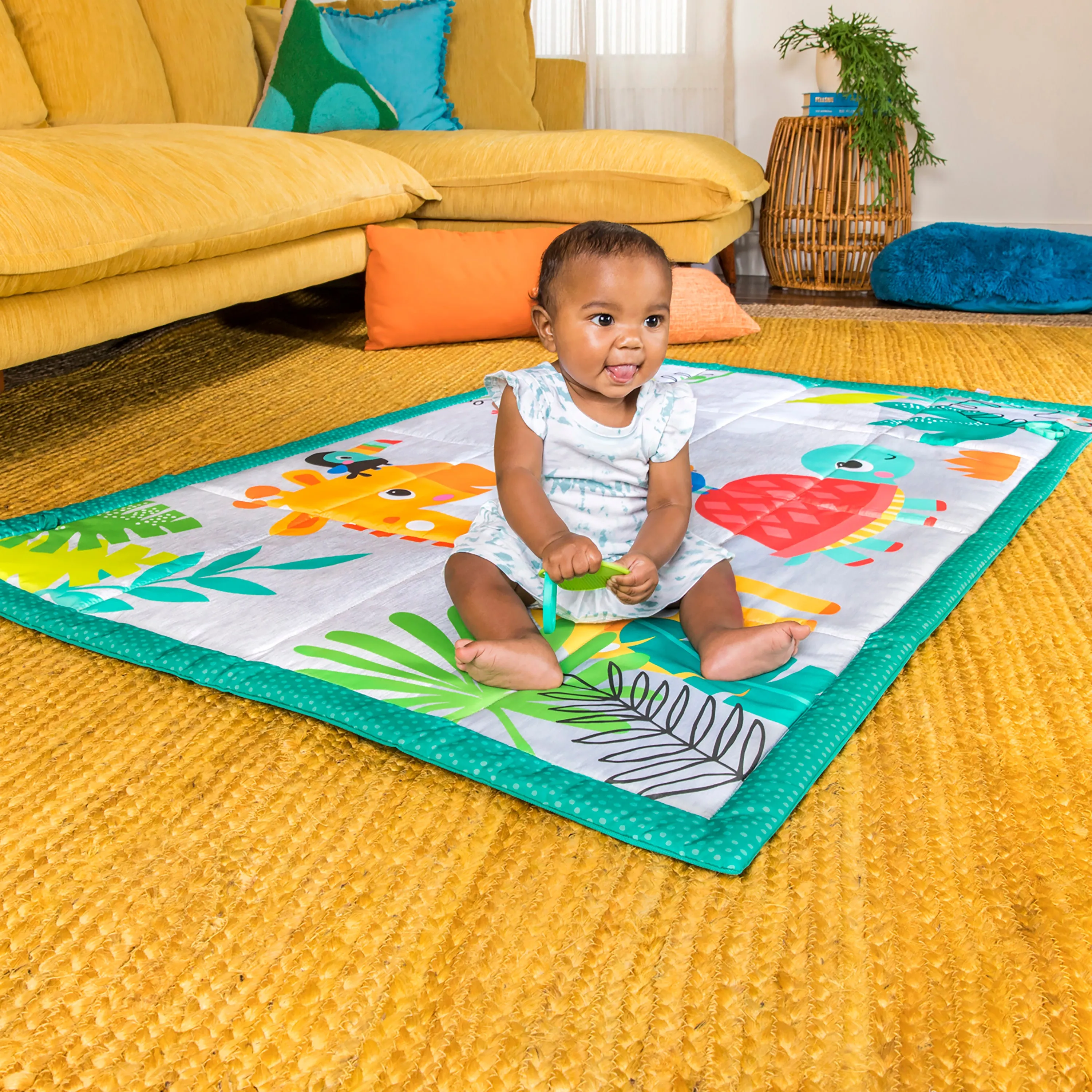 Bright Starts Roam About Jumbo Plush Baby Activity Play Mat, Foldable and Machine Washable - Newborn and up