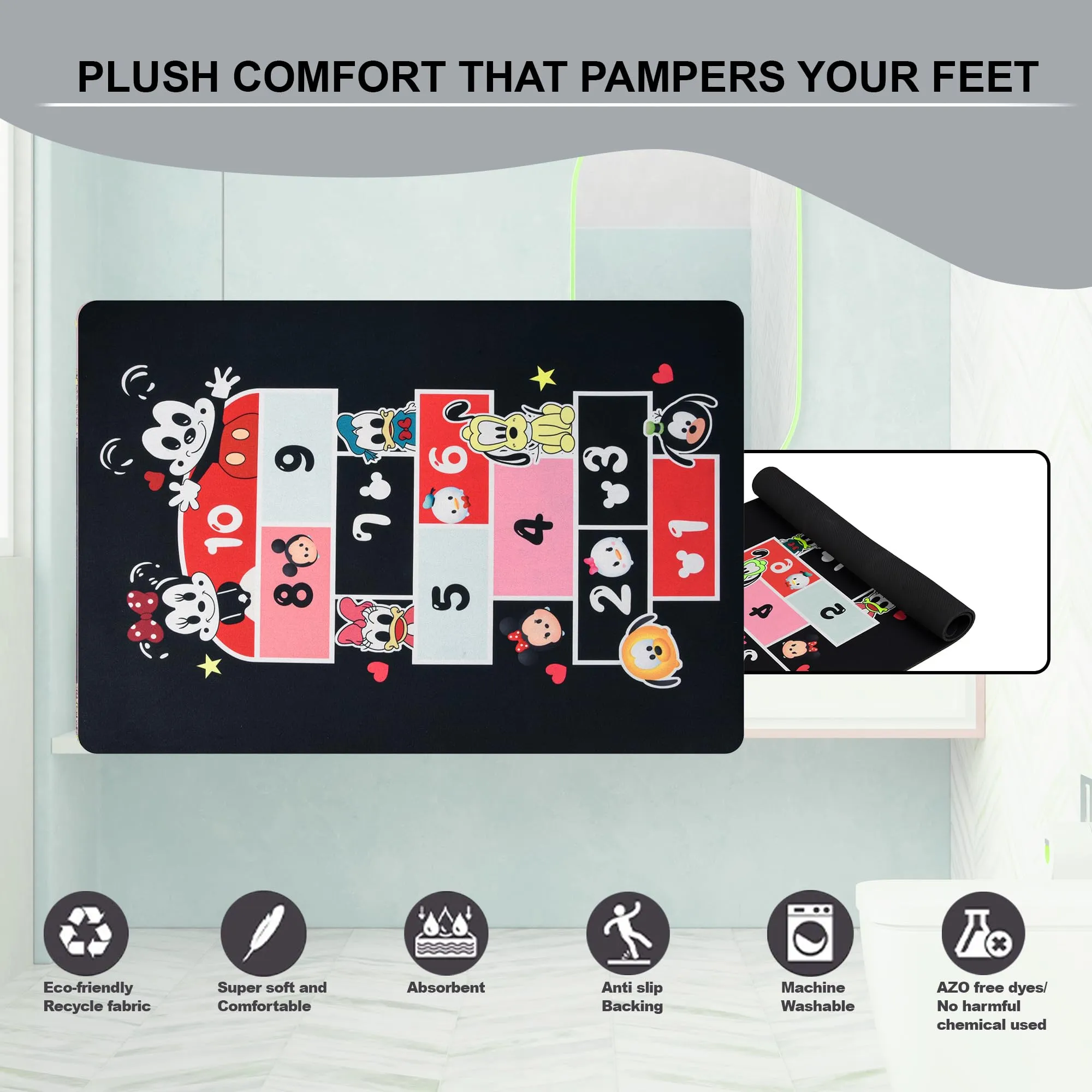 Kuber Industries Disney Mickey Teams Bathmat | Anti Skid Bathroom Mat | Rubber, Polyester Floor Mat for Home | Quick-Drying Non-Slip Bathroom Rug | HY021 | Black
