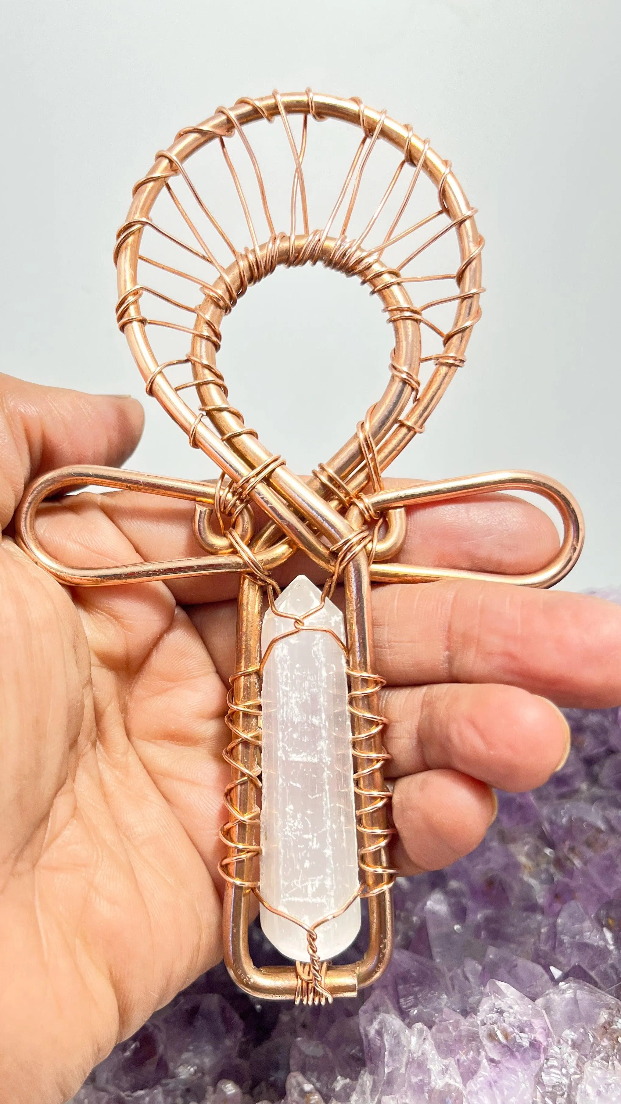 Selenite Cystal POCKET Copper Ankh
